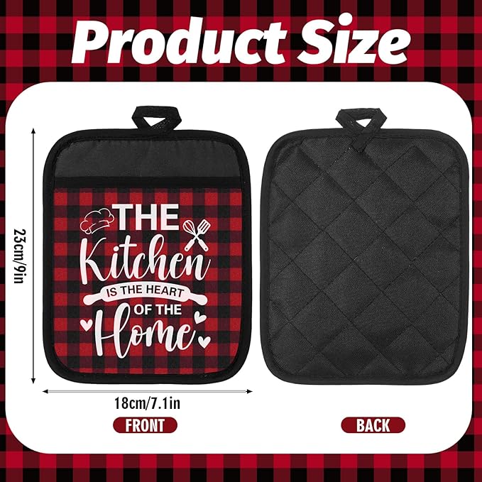 Bencailor 8 Pcs Red Buffalo Plaid Pot Holders with Pocket Red Heart Sign Potholder Heat Resistant Hot Pads Oven Mitt for Kitchen Home Anniversary Decorations Baking Cooking Gift