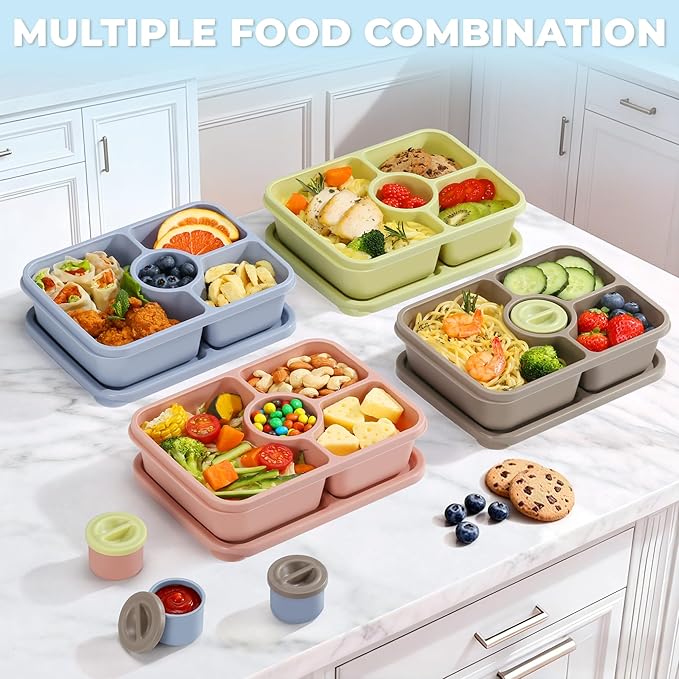 Bento Snack Box Containers, Reusable Meal Prep Lunch Containers for Adults Kids, Stackable Bento Snack Box 4 Pack, Divided Lunchable Food Storage Containers with Sauce Container, Earthy Brown