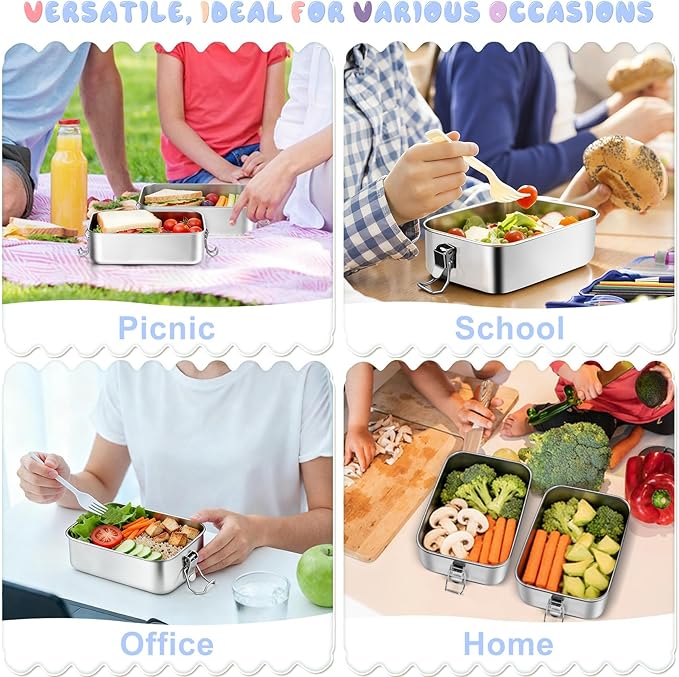 TeamFar Stainless Steel Bento Box, 2 Pack 47oz/1400ml Metal Lunch Box with 3 Compartments for Adults Kids, Large Lunch Food Containers for School/Work/Meal Prep, Leak-Proof & Dishwasher Safe
