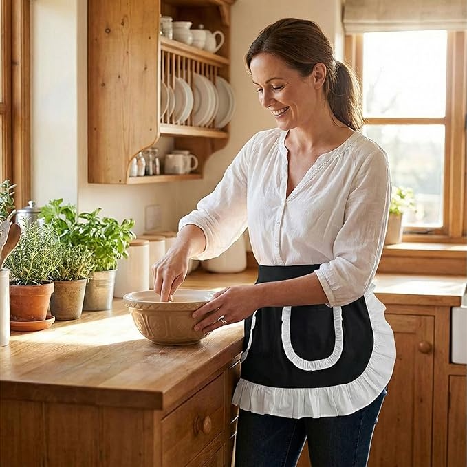 Women’s Waist Aprons with White Pockets Half Server Home Waitress Vintage Servant Apron for Kitchen Cooking