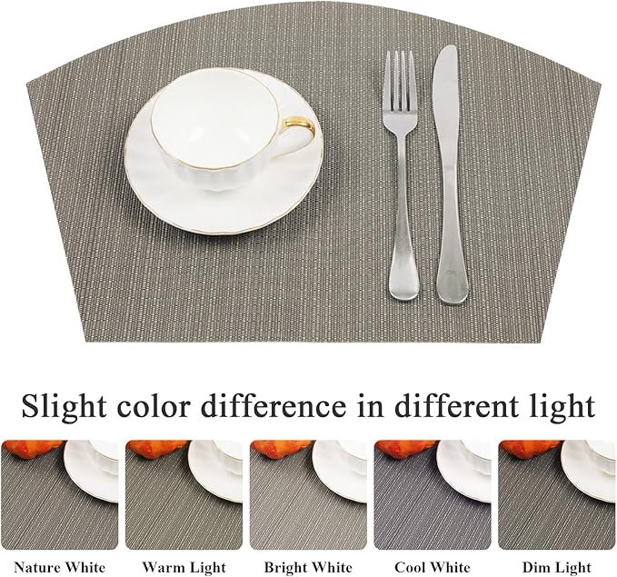 SHACOS Wedge Shaped Placemats Set of 4 Woven Vinyl Dining Table Place Mats Round Table Mats Non Slip Heat Resistant Wipe Clean Indoor Outdoor Table Decor (4, Gray)