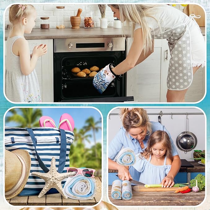 6 Pcs Summer Beach Kitchen Towels Pot Holders and Oven Mitts Set Include Coastal Dish Towel Beachy Rustic Oven Gloves Heat Resistant Potholders for Christmas Kitchen Gift