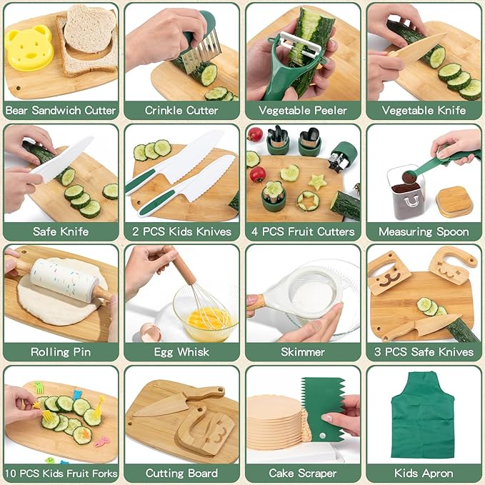 20 PCS Kids Safe Knife Set for Real Cooking, Montessori Kitchen Tools for Toddlers, Cooking & Baking Set for Little Chefs, Kids Kitchen Knife, Crinkle Cutter, Kid Apron for Girls Boys