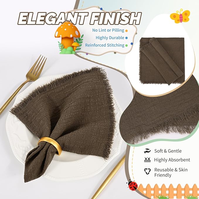 Showgeous 30 Pack Brown Cloth Napkins with Fringe 16x16 inch 100% Cotton Brown Napkins Handmade Dinner Napkins Bulk Washable Soft Rustic Table Napkins for Wedding Parties Bridal Baby Shower
