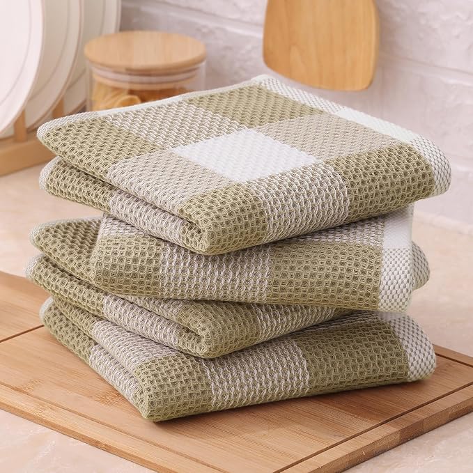 Mordimy 100% Cotton Waffle Weave Kitchen Towels, 13 x 28 Inches, Super Soft and Absorbent Buffalo Check Dish Towels for Drying Dishes, 6-Pack, Khaki & White