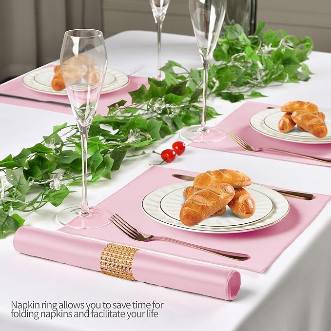 100 Pack Pink Satin Napkins and Napkin Rings Set, 12 x 12 Inch Silky Soft Cloth Napkins Set of 50, Square Satin Dinner Table Napkins Bulk for Wedding Banquet Graduation Party Decoration