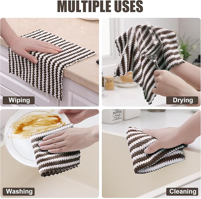 Homaxy 18 Pack Kitchen Dish Cloths, Ultra Soft and Absorbent Dish Towels, Reusable Fast Drying Microfiber Cleaning Cloth, Coral Velvet Wave Design no-lint, 10 x 10 inches, Brown