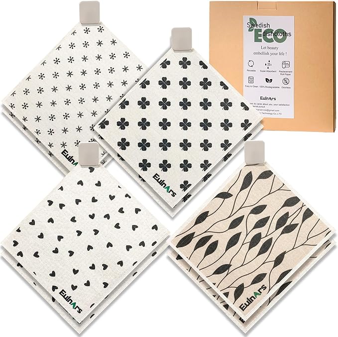 Eulnars Reusable Paper Towels, 8-Pack Swedish Dishcloths for Kitchen with 3 Clips, Black White, Cotton, 200 Washes