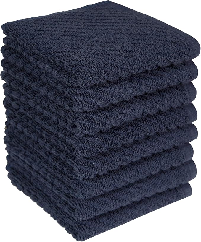 Bumble Towels Premium Kitchen Dish Cloths (12" x 12") | 8 Pack | Diagonal Deluxe Dish Cloth | High Absorbent Tea Towels Set | Navy Blue