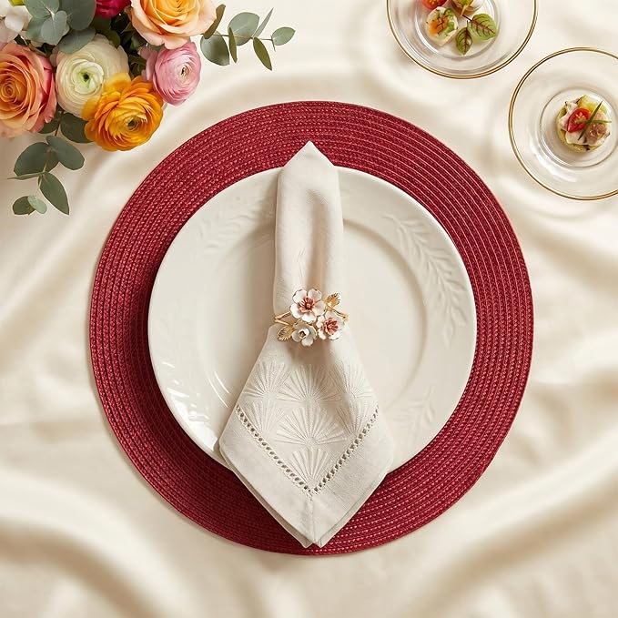 AHHFSMEI Round Placemats Set of 8 Heat Resistant Washable Non-Slip Woven Braided Table Mats for Dining Table Kitchen & Home Decor (Burgendy Red,8)