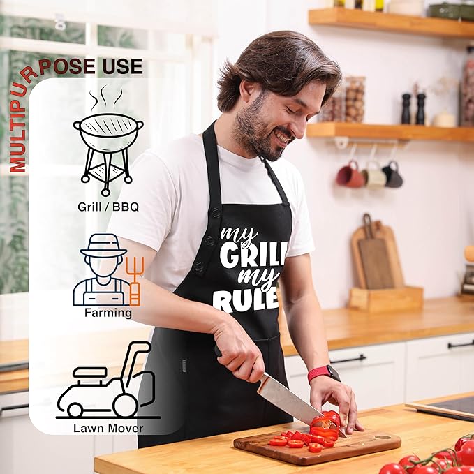 TOSHE Funny Apron Waterdrop Resistant Cotton Apron with adjustable Aprons for Women with Pockets 12 Color option Cooking (Black - My Grill My Rules)