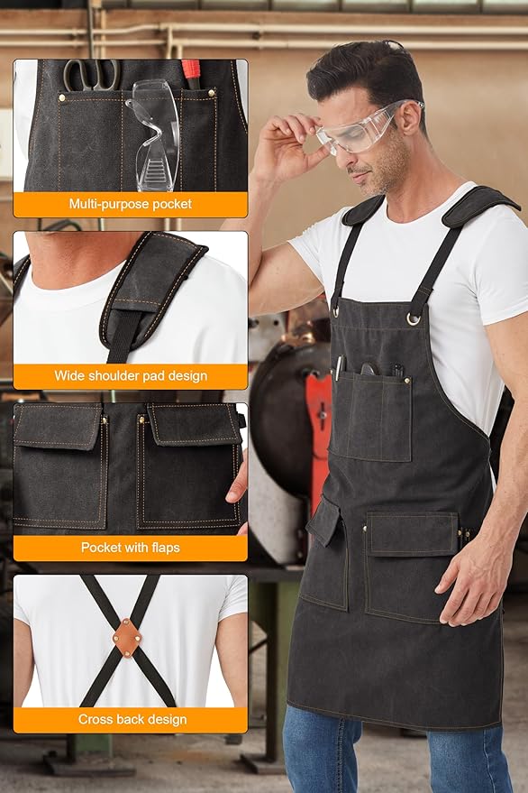 Nanxson Woodworking Apron for Men,Canvas Work Tool Apron Cross Back with Multi-Pockets Waterproof for Carpenter Woodworker