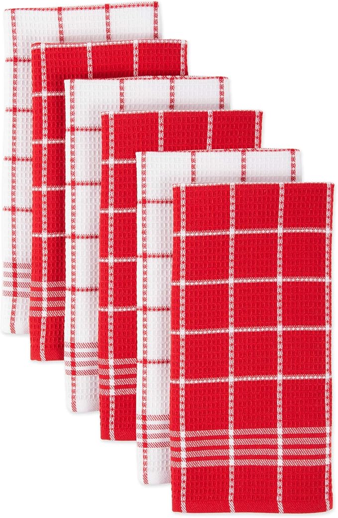 DII Waffle Weave Kitchen Collection 100% Cotton, Machine Washable, Fast Drying and Absorbent, Dishtowel Set, Red 6 Piece