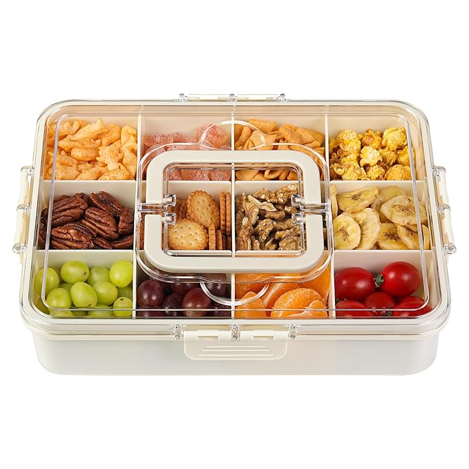 Xyptorix Snack Box Container for Kids - Adjustable 12-Compartment Snack Containers, Reusable Bento Box, Dishwasher Safe, BPA-Free, Perfect for School, Travel, Camping & Picnic, Ivory White, Large