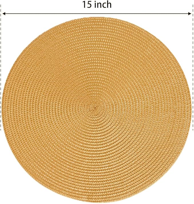 FunWheat Round Braided Placemats Set of 4 Table Mats for Dining Tables Woven Washable Non-Slip Place mats 15 inch(Pumpkin Yellow,4pcs)
