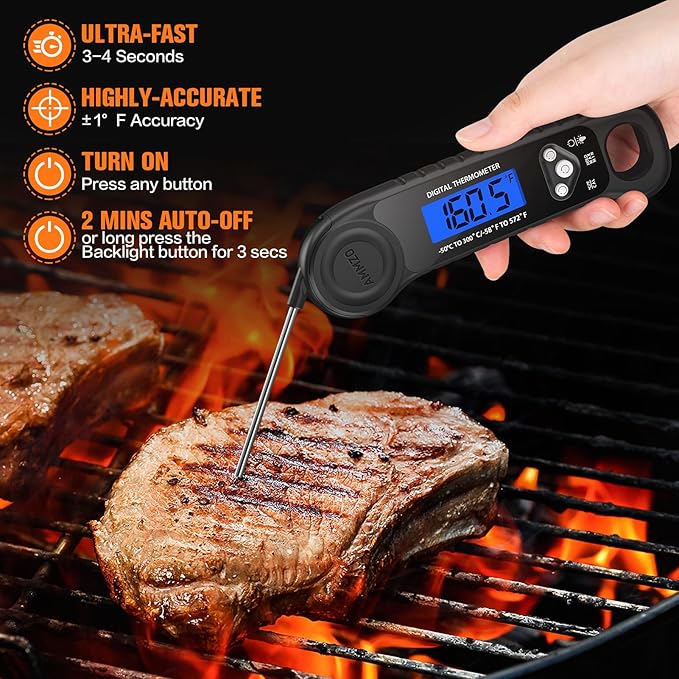 AMMZO Meat Thermometer Digital, Instant Read Food Thermometer for Cooking, Grilling, Baking, Frying & Candy Making, Essentials Kitchen Gadgets Accessory, Gifts for Men Women Dad Mom Birthday