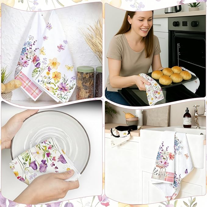 Spring Floral Kitchen Towels Set of 4 – 16×24 Inch Cute Watercolor Wildflower Butterfly Dish Towels, Soft Absorbent Hand Towels, Pink Spring Decor, Housewarming & Birthday Gift for Women