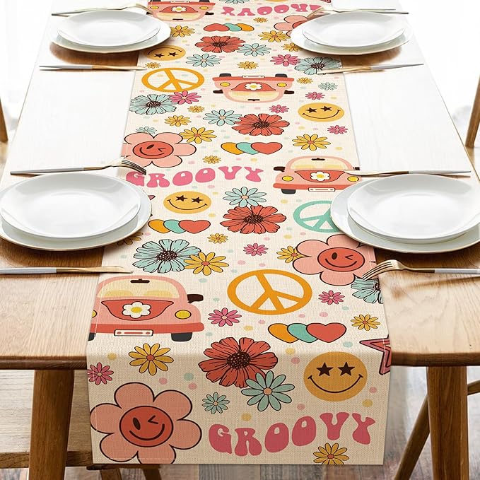 Groovy Hippie Daisy Flower Dining Table Runner, Vintage Bus Floral Peace and Love Burlap Kitchen Decoration, Retro Smiling Face Indoor Outdoor Home Decor Party Supply 13 x 72 Inches