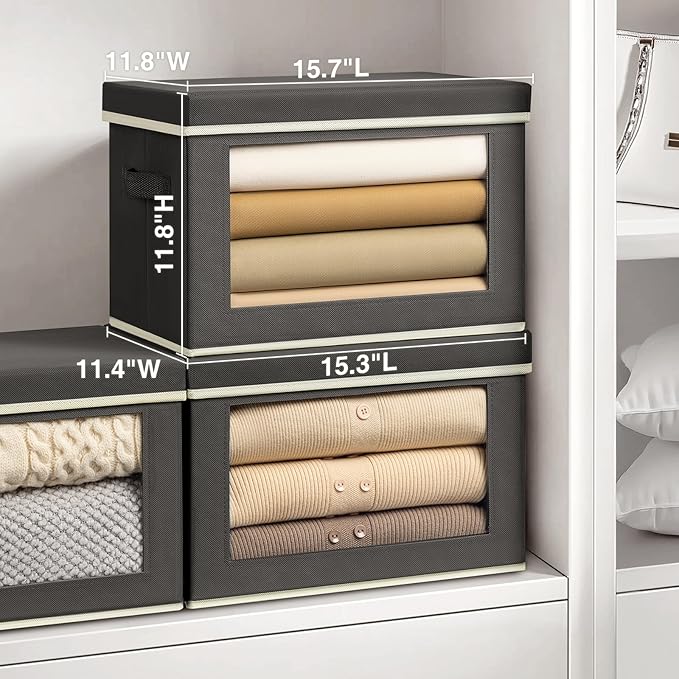 Homsorout Stackable Storage Bins with Lids - Large Storage Box with Lids, Foldable Closet Boxes for Organizing, Wardrobe Clothes Organizer with Window, Cubes Bins for Living Room, 3 Pack, Dark Grey