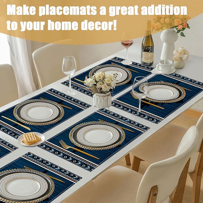 Southwestern Placemats Set of 6, Tribal Geometric Linen Place Mat Washable Stain Resistant Table Mats for Farmhouse Kitchen Dining Party Wedding Decor 12x18 Inch