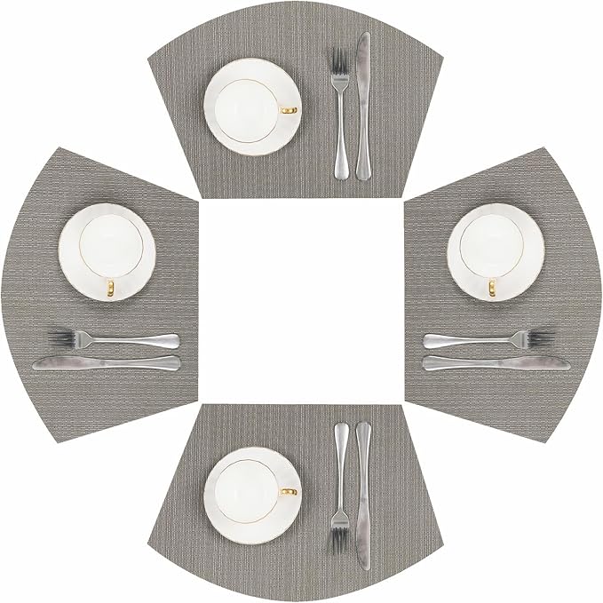 SHACOS Wedge Shaped Placemats Set of 4 Woven Vinyl Dining Table Place Mats Round Table Mats Non Slip Heat Resistant Wipe Clean Indoor Outdoor Table Decor (4, Gray)
