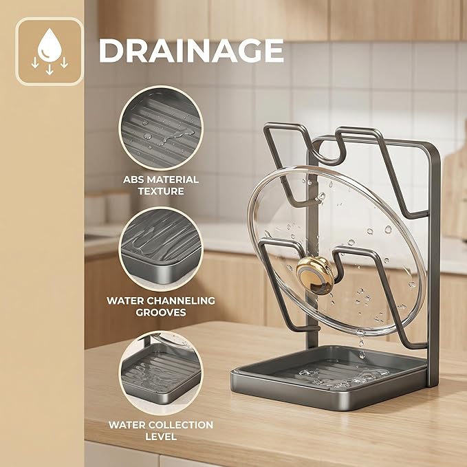 Pot Lid Organizer for Countertop & Cabinet, Carbon Steel Pan Lid Holder with Removable Drip Tray, Easy-Clean Kitchen Lid Storage Rack for Pots & Pans, Black-Gray (Black-Gray)