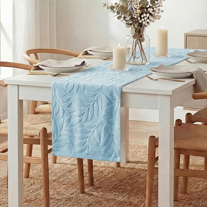 Artoid Mode Light Blue Soft Cotton Jacquard Leaves Spring Table Runner, Holiday Kitchen Dining Table Decoration for Home Party Decor 13x72 Inch
