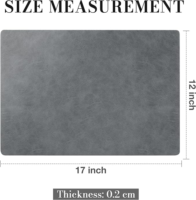 Roxifina Faux Leather Placemats Set of 8 - Vinyl Placemats Wipeable Waterproof Oil-Proof PU Place Mats Heat Resistant Reversible Table Mats for Dining, Kitchen, Outdoor, 12 x 17 Inch (Gray)
