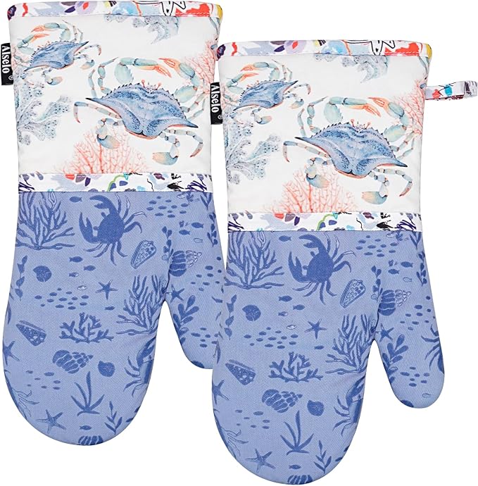 Alselo Oven Mitts, Heat Resistant with Soft Quilted Cotton Lining Set of 2, Fashion Crab Design with Silicone Printing Anti-Slip Kitchen Gloves for Safe Backing Cooking Barbecue (Lilac,Crab)