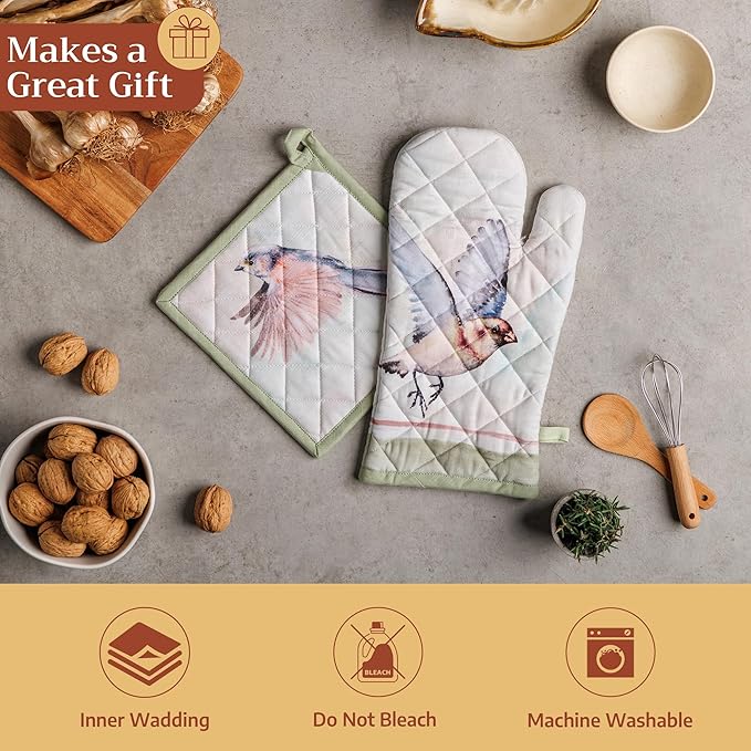 Maison d' Hermine Pot Holders 100% Cotton Heat Resistant Potholders 8" x 8" Hot Pads with Loop BBQ Cooking Baking Gifts for Mothers Day Handling Hot Pans Spring/Summer (Pack of 2, Flying Birds)