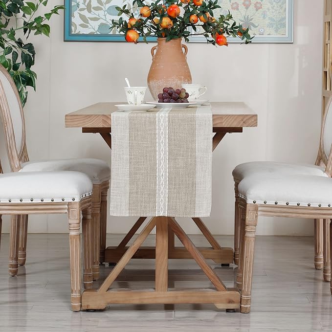 Farmhouse Braided Striped Table Runner Rustic Embroidery Coffee Table Runners for Decorations Weddings Holiday Brown 13x108inch