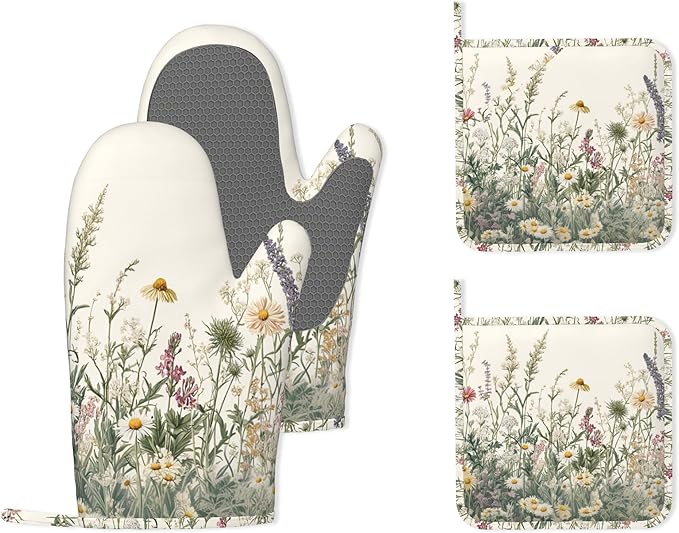 Wildflower Floral Oven Mitts and Pot Holders (4PCS),Vintage Garden Flowers Heat Resistant Non-Slip Silicone Kitchen Gloves for Cooking, Baking, BBQ Waterproof Kitchen Accessories