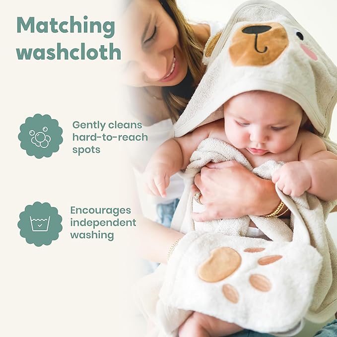 CuddleBug Premium Hooded Baby Bath Towel & Washcloth Set (Bear) - 100% Cotton Terrycloth Hooded Baby Towels for Newborn & Toddler - Super-Soft & Absorbent, Newborn Essentials (33" x 33") - Honey Beige