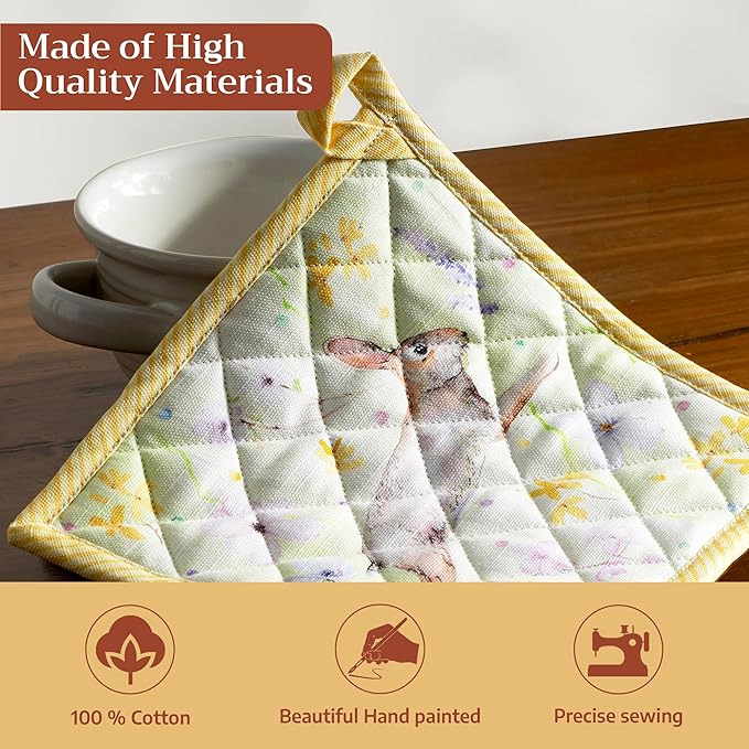 Maison d' Hermine Pot Holders 100% Cotton Heat Resistant Potholders 8" x 8" Hot Pads with Loop BBQ Cooking Baking Gifts for Mothers Day Handling Hot Pans Spring/Summer (Pack of 1, Easter Zest)