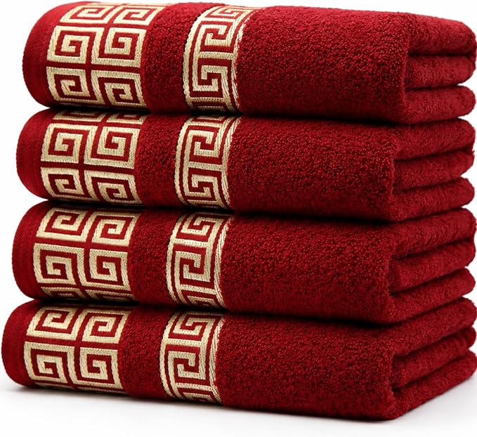 Luxury 4 Piece Bath Towel Set with Greek Key Design - 100% Cotton Soft & Absorbent Bathroom 27x54 in Extra Large Towels - Quick Dry, Plush & Durable - Burgundy Towels Set for Home, Spa & Hotel Use AA3