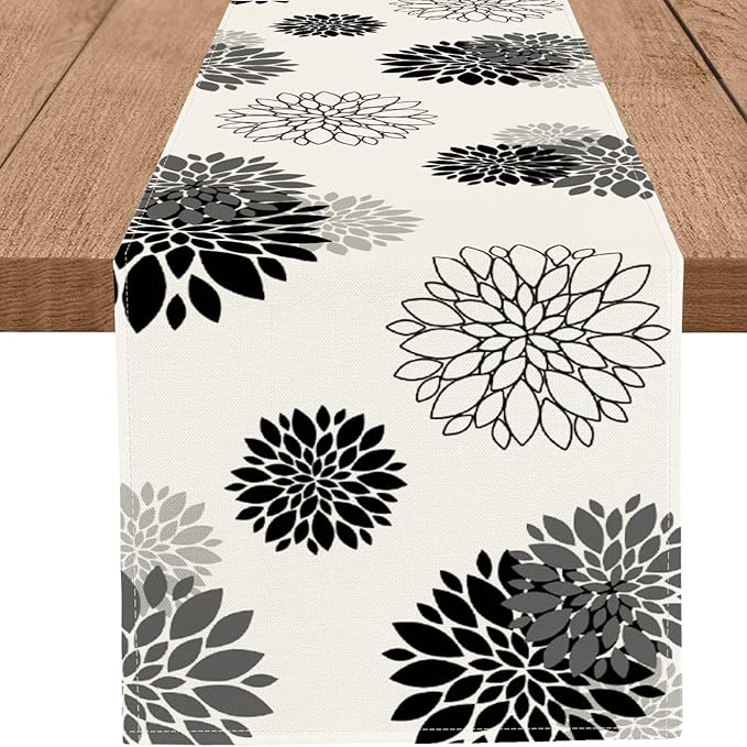 Black Gray Table Runner Dahlia Pinnata Flower Beige Table Runners Modern Elegant Pompon Farmhouse Geometric Coffee Table Center Decor for Home Kitchen Dining Party 13 x 108 Inch