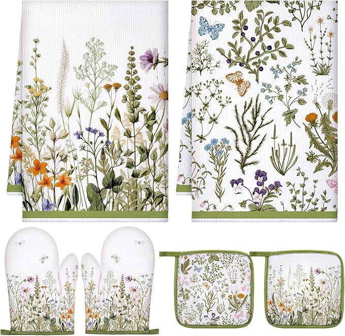 Leinuosen 6 Wild Flower Kitchen Towels Kitchen Decor and Accessories Set Floral Plant Oven Mitts and Pot Holders Sets Farmhouse Absorbent Dish Towels for Cooking Baking Grilling