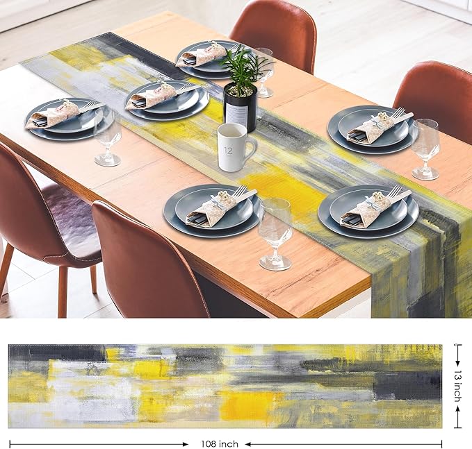 Emvency Modern Table Runner, Yellow and Grey Abstract Art Painting for Kitchen Coffee Table Family Dinners Holiday Parties Wedding Events Decor(13x72 inch)