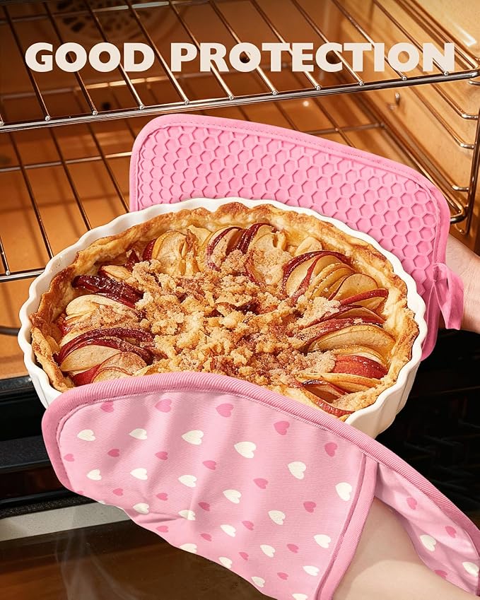 Slohif Silcone Heart Pot Holders for Kitchen - 100% Cotton Pink Cute Oven Potholders with Pockets, Heat Resistant Square Thick Hot Pads, House New Home Baking Baker Gifts,2pack