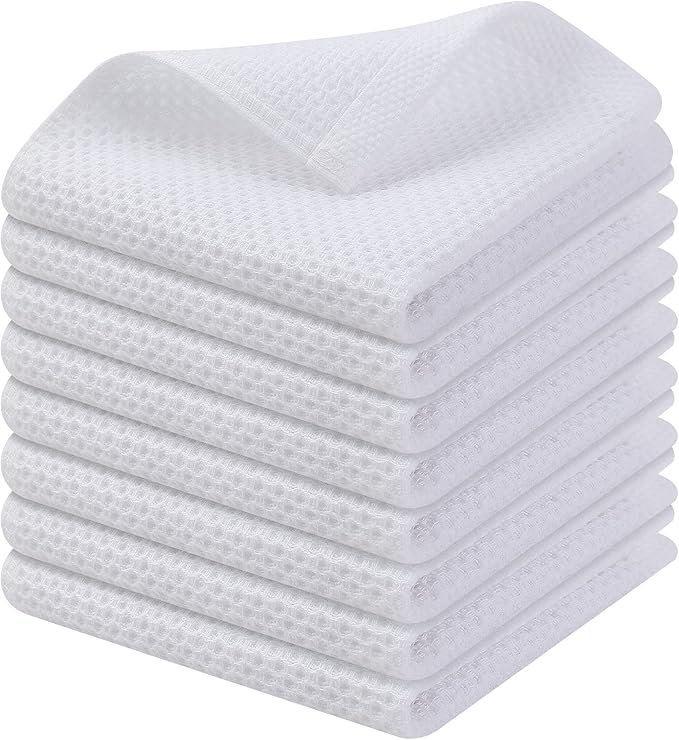 Kitinjoy 100% Cotton Kitchen Dish Cloths (12 X 12 Inches, White), 8 Pack Waffle Weave Ultra Soft Absorbent Dish Towels for Drying Dishes Quick Drying Kitchen Towels Dish Rags