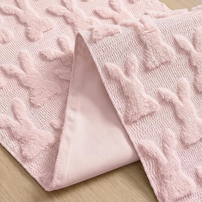 Artoid Mode Pink Soft Plush Faux Fur Jacquard Bunny Rabbit Easter Table Runner, Seasonal Kitchen Dining Table Decoration for Home Party Decor 13x108 Inch