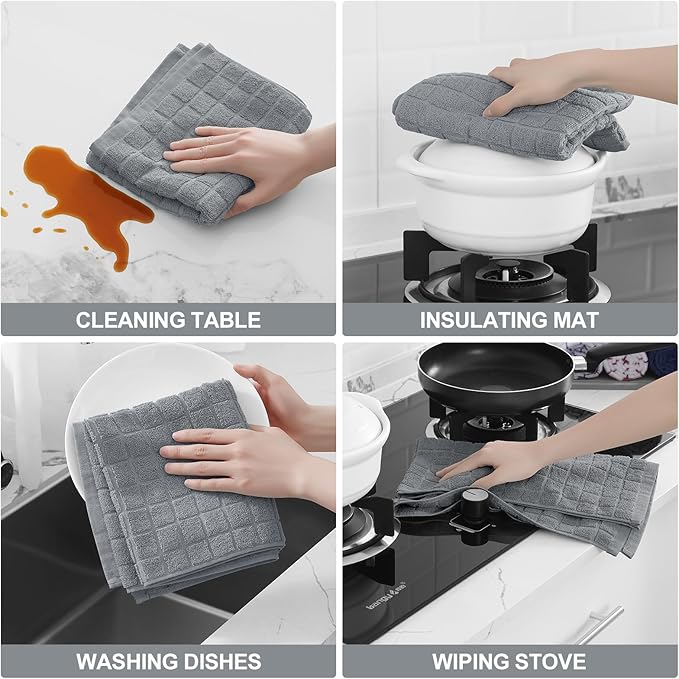 Homaxy Premium Cotton Kitchen Towels 16"x 28", Large Natural Ring Spun 390 GSM Dish Towels, Super Absorbent Terry Kitchen Hand Towels, Soft Tea Towels with Hanging Loop, Pure Grey Design, 6 Pack