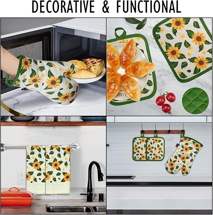 Oven Mitts and Potholders Dish Towles Set 100% Cotton for Perfect for Gifting, Baking and Everyday Cooking Durable Heat Resistant for Kitchen (5-Piece Sunflower)