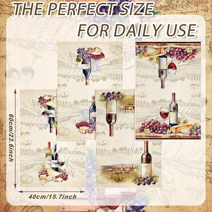 Bencailor 6 Pcs Red Wine Kitchen Towels Decorative Sets Dish Towels Absorbent Fast Drying Hand Tea Vintage Hanging Reusable Cleaning Dishcloths for Cooking Farmhouse Bathroom Accessory