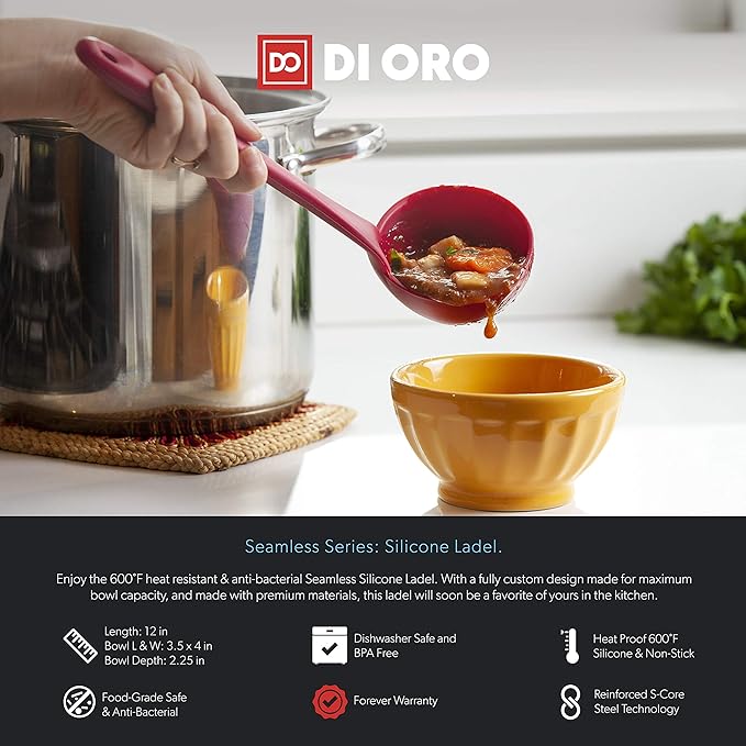 DI ORO Silicone Soup Spoon Heat-Resistant Large Kitchen Ladle Nonstick Cookware Safe - Wide Bowl Dishwasher Safe (Red)