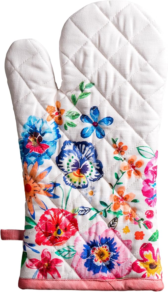 Maison d'Hermine Oven Gloves 100% Cotton Oven Mitt 7" x 13" with Loop Heat Resistant BBQ Cooking Gloves Baking Grilling Gifts for Mothers Day Spring/Summer(Pack of 1, Happy Florals - High Summer)