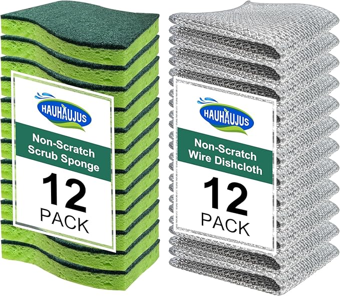 Non Scratch Scrub Sponge and Wire Dishwashing Rag Combo, 12+12 Pack, Dish Sponges and Multipurpose Wire Dishcloths for Kitchen Cleaning, Dish Washing, and Household Scrubbing