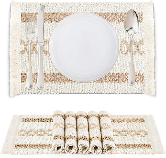 Boho Placemats Set of 6, Macrame Place Mats in Natural Cotton Burlap, Farmhouse Style Dining Table Mats for Indoors & Outdoors, Rustic Kitchen Home Decor