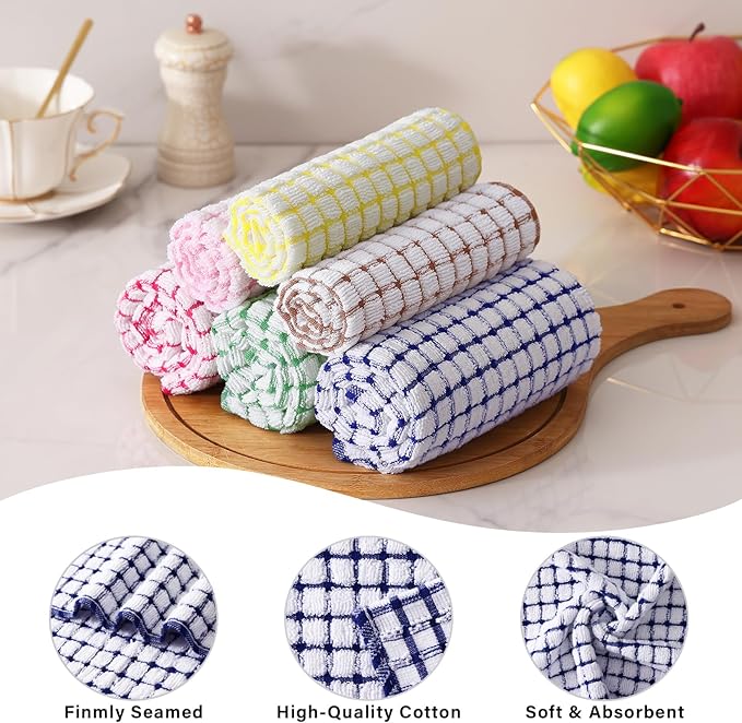 Homaxy Kitchen Towels and Dishcloths Set, 16 x 25 and 12 x 12 Inches, Set of 12 Cotton Terry Kitchen Dish Towels, Super Soft and Absorbent Dish Cloths, Red/Blue/Yellow/Green/Pink/Brown