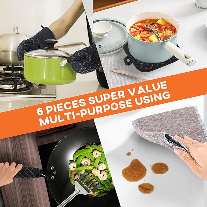Philorn Oven Mitts and Pot Holders 6pcs, Kitchen Oven Glove High Heat Resistant 500℉ Extra Long Oven Mitts and Potholder with Non-Slip Silicone Surface for Baking, Cooking, BBQ (Black)